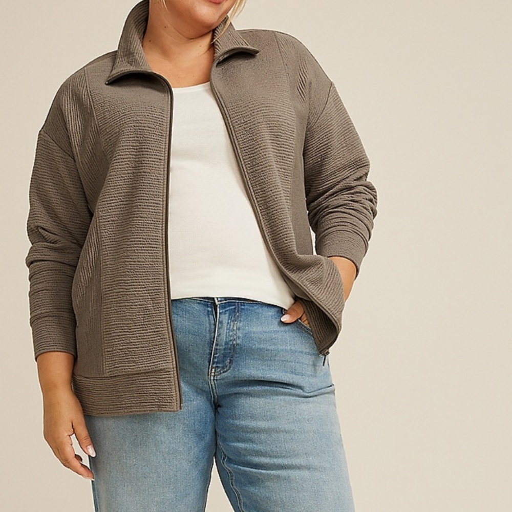 Textured Full Zip Sweatshirt- Oak Taupe color- Plus Size 1X- NWT